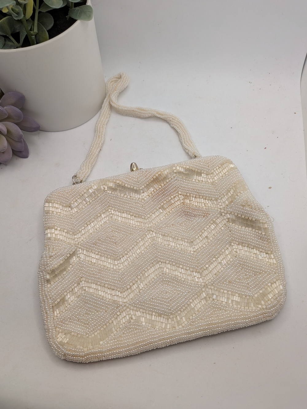 Walborg Vintage Ivory Beaded Evening Clutch with Beaded Handle